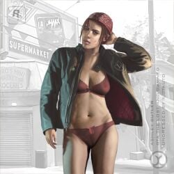 1girls ashley_butler bandana biker_girl black_jacket brown_hair edit female grand_theft_auto grand_theft_auto:_the_lost_and_damned grand_theft_auto_iv gtauto-x red_bandana red_bra red_panties underwear