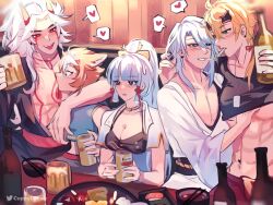 1girls 4boys abs alcohol animal_ears arataki_itto awkward beer beer_mug blush breasts cigarette cleavage clothing cuppydraws demon demon_horns dog_ears drunk food gay genshin_impact gorou_(genshin_impact) groping heart kamisato_ayaka kamisato_ayato kimono male male/male multiple_boys oni oni_horns party restaurant shirt_lift sushi tattoo thoma_(genshin_impact) toned toned_male yaoi