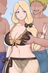 1girls 2boys alternate_costume bare_midriff bare_thighs bead_bracelet beads bikini black_bikini blonde blonde_female blonde_hair blue_eyes bow bracelet breast_grab breasts brown_bikini brown_swimsuit cleavage faceless faceless_male female female_focus fire_emblem fire_emblem:_three_houses fire_emblem_heroes flying_sweatdrops frilled_bikini frills grabbing groping hair_bow hair_over_shoulder jewelry large_breasts long_hair low_ponytail male mature_female mercedes_von_martritz mercedes_von_martritz_(summer) midriff multiple_boys navel nervous nintendo official_alternate_costume oliver11020 open_mouth outdoors parted_lips sarong see-through shy_smile side_ponytail smile solo_focus swimsuit thighs