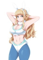 1girls absurdres alternate_costume animal_ears armpits arms_up bare_midriff blonde_female blonde_hair blue_legwear breasts bunny_ears bunny_girl bunnysuit charlotte_(fire_emblem) cleavage curly_hair female female_only fire_emblem fire_emblem_fates green_eyes hair_ornament hands_in_hair highres large_breasts long_hair midriff nintendo playboy_bunny rabbit_ears rabbit_tail ribbon seityr tail very_long_hair wavy_hair white_ribbon