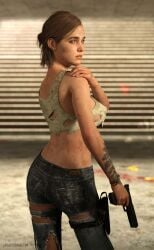 1girls 3d ass brown_hair brunette busty butt ellie_(the_last_of_us) ellie_williams eroguysensei eyebrow_slits female female_focus female_only firearm freckles glock green_eyes gun half_updo hand_on_shoulder handgun hourglass_figure human jeans legwear lesbian looking_at_viewer looking_back naughty_dog pale-skinned_female pale_skin petite pose posing presenting_ass skinny small_ass small_breasts solo tagme tattered_clothing tattoo the_last_of_us the_last_of_us_2 tied_hair torn_clothes torn_clothing torn_jeans weapon wide_hips