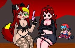 1boy 2girls agent_gf_(friday_night_funkin) archly_(oc) armor bedroom_eyes bikini bikini_top blue_hair bowtie boyfriend_(friday_night_funkin) breasts cat_ears catgirl combat_knife female female_only fingerless_gloves friday_night_funkin friday_night_funkin_mod girlfriend_(friday_night_funkin) glasses_on_head gun hammler heterochromia holding_weapon huge_ass huge_breasts hybrid knife large_breasts long_hair looking_at_viewer panties ponytail red_hair red_sunglasses revolver ripped_stockings shorts sitting smirk smug stockings sunglasses thick_thighs voluptuous