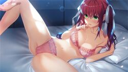 asahana_(deep_one) bangs bed_sheet blush bra bra_slip breasts cleavage collarbone deep_one_kyomu_to_mugen_no_fragment eyebrows_visible_through_hair female game_cg green_eyes hair_between_eyes hair_ribbon hand_on_another's_knee large_breasts lens_flare long_hair natsuhiko navel open_mouth panties pillow pink_bra pink_panties red_hair ribbon shiny shiny_hair solo_focus spread_legs twintails underwear underwear_only wavy_mouth white_ribbon