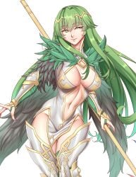 1girls absurdres alternate_costume alternate_version_available bare_thighs boots breasts center_opening cleavage cleavage_cutout cleru_(cleruuuuu) clothing_cutout cowboy_shot crown english_commentary feather_trim female female_only fire_emblem fire_emblem_echoes:_shadows_of_valentia green_eyes green_hair groin harrier_(fire_emblem) highres holding holding_polearm holding_weapon large_breasts long_hair long_sleeves looking_at_viewer navel nintendo no_panties palla_(fire_emblem) polearm red_legwear red_nails revealing_clothes simple_background smile solo thigh_boots thighhighs thighs toned very_long_hair weapon white_background