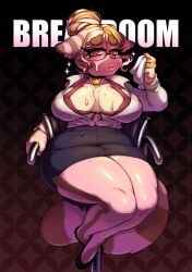 blush breasts choker exposed_breasts flustered glasses huffing large_breasts miistniight office_lady panting sweat thick_thighs thighs tight_skirt