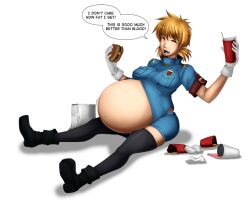 1girls belly belly_stuffing big_belly big_breasts bloated bloated_belly blonde_hair breasts eating female food hellsing inflation saburox seras_victoria solo_female stuffed stuffed_belly stuffing thighhighs thighs