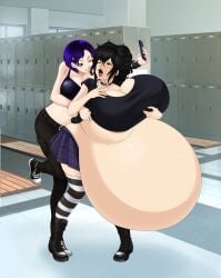 2girls areola_slip belly big_belly big_breasts breasts female grabbing grabbing_from_behind groping groping_from_behind huge_belly huge_breasts hyper_pregnancy locker_room pregnant saburox torn_clothes