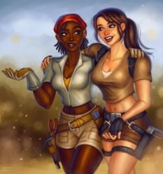 2girls anastasia_ershova anaya_imanu arm_around_shoulder bag bandana belt breasts cleavage clothed dark-skinned_female dark_skin female female/female female_only firearm handgun handwear human interracial interracial_yuri lara_croft lara_croft_(l.a.u.) lips medium_breasts pale_skin ponytail shorts tomb_raider tomb_raider_(l.a.u.) weapon yuri