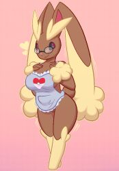 anthro bottomless breasts brown_body brown_fur clothed clothing eyewear female fur furry furry_only genitals glasses lopunny nintendo pink_background pokémon_(species) pokemon pokemon_(species) pussy red_eyes simple_background solo tail thanu video_games