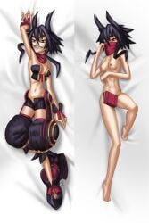 bed blush breasts completely_nude completely_nude_female covering_crotch covering_face dakimakura embarrassed female jp15comm metallia nippon_ichi_software nude scarf the_witch_and_the_hundred_knight