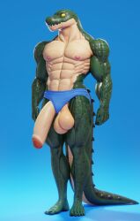 abs alligator alligatorid anthro balls big_balls big_penis blue_background clothed clothing connivingrat crocodilian genitals green_body helm_(connivingrat) hi_res humanoid_genitalia humanoid_penis male male_only muscular muscular_male partially_clothed penis reptile scalie sharp_teeth simple_background solo solo_male speedo swimwear teeth topless useless_clothing wardrobe_malfunction yellow_sclera