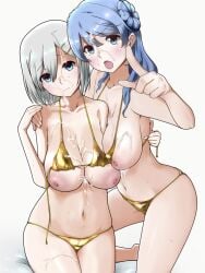 2girls 813buffet bikini_top_removed blue_eyes blue_hair breasts cleavage collarbone cum cum_bridge cum_on_body cum_on_breasts cum_on_legs double_bun eyebrows_visible_through_hair facial frown gold_bikini golden_bikini grey_hair hair_between_eyes hamakaze_(kantai_collection) hand_on_another's_shoulder highres kantai_collection large_breasts long_hair looking_at_viewer loose_bikini multiple_girls navel nipples one_knee open_mouth pointing pointing_at_viewer short_hair sitting string_bikini urakaze_(kantai_collection)