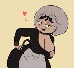 1girls 2019 5_fingers adorable big_ass big_breasts black_eyes black_hair cartoon_network cute female hand_on_hip heart imminent_flashing looking_at_viewer outta_sync over_the_garden_wall puffed_cheeks source_request tagme tavern_keeper teasing thick_thighs