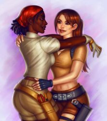 2girls anastasia_ershova anaya_imanu arm_on_hip arms_around_neck breasts clothed dark-skinned_female dark_skin female female_only fully_clothed hug lara_croft lara_croft_(l.a.u.) lips looking_at_another medium_breasts smile taut_clothes tomb_raider tomb_raider_(l.a.u.)