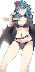 1girls alternate_costume ass_visible_through_thighs bangs bare_legs bikini black_bikini black_cape black_swimsuit blue_eyes blue_hair breasts byleth_(fire_emblem) byleth_(fire_emblem)_(female) cape choker cleavage enpe eyebrows_visible_through_hair female fire_emblem fire_emblem:_three_houses fire_emblem_heroes flower green_eyes hair_between_eyes hair_flower hair_ornament higher_resolution_duplicate highres large_breasts long_hair looking_at_viewer navel nintendo official_alternate_costume simple_background solo stomach stretch swimsuit thighs white_background