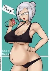 1girls belly belly_stuffing big_belly big_breasts bloated bloated_belly breasts burp burping cameltoe cleavage closed_eyes female glasses grey_hair large_breasts nipple_bulge panties pregnant prison_school saberrung shiraki_meiko stuffed stuffed_belly stuffing underboob