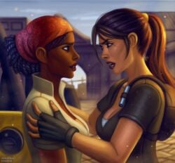 2girls anastasia_ershova anaya_imanu bag breasts cleavage clothed dark-skinned_female dark_skin female female_only fully_clothed handwear holding holding_partner human lara_croft lara_croft_(l.a.u.) medium_breasts pale_skin ponytail tomb_raider tomb_raider_(l.a.u.)