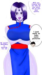 1boy 1girls big_breasts big_thighs breasts chichi chichi_(cosplay) confused cosplay crossover crossover_cosplay dc dc_comics dick_grayson dragon_ball female female_focus forehead_jewel large_thighs looking_at_viewer male male_in_background medium_hair pale-skinned_female pale_skin purple_eyes purple_hair qipao rachel_roth raven raven_(dc) robin_(dc) robin_(dick_grayson) sh3ar solo tagme teen_titans text text_bubble white_background wide_hips