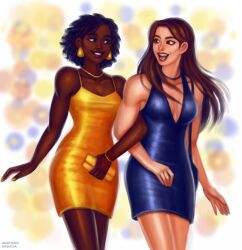 2girls alternate_hairstyle anastasia_ershova anaya_imanu blue_dress cleavage clothed cocktail_dress dark-skinned_female dark_skin dress female female_only fully_clothed gold_dress holding_arm lara_croft lara_croft_(l.a.u.) medium_breasts minidress no_bra plunging_neckline tomb_raider tomb_raider_(l.a.u.)