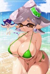 2023 2girls arm_on_leg beach beach_background big_breasts bikini bikini_bottom bikini_on_ocean bikini_top black_eyebrows black_eyelashes black_hair blue_sky blush blush_lines breasts callie_(splatoon) closed_eyes completely_nude completely_nude_female covering covering_breasts ear_piercing earrings female female_only full_body gray_eyebrows gray_hair green_bikini hair headwear huge_breasts idol inkling light-skinned_female light_hair light_skin long_hair looking_at_viewer marie_(splatoon) mole mole_under_eye multicolored_hair multiple_girls navel nude nude_female ocean_background ocean_floor open_mouth pointed_ears pointy_ears sand shiny_breasts shiny_hair shiny_skin shock shore shoreline short_hair silver_hair splatoon squid_girl squid_humanoid squid_sisters ssbsn summer sunshine swimsuit swimsuit_on_ocean symbol-shaped_pupils text twintails twitter_username wardrobe_malfunction water white_hair yellow_eyes