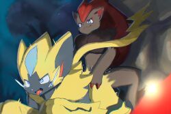 2boys black_fur blue_eyes cum_inside doggy_style eyes furry legendary_pokémon long_tail male male/male male_only mythical_pokemon night open_mouth pokemon pokemon_(species) pokemon_bw pokemon_bw2 pokemon_sm pokemon_usm rarvalu red_fur yaoi yellow_fur zeraora zoroark