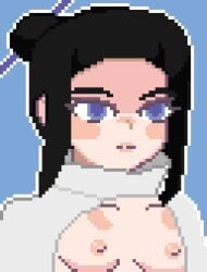 black_hair blue_eyes breasts cape emotionless female hair_ornament pixel_art sarnai_(spearited) solo spearited straight_face