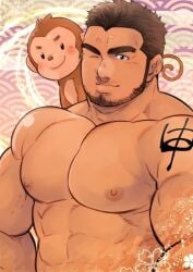 1male abs bara beard biceps big_brother bodybuilder broad_shoulders daddy dilf facial_hair looking_at_viewer male_focus male_only manly masateruteru masculine mature_male monkey muscles muscular muscular_male nipples pecs terujirou terujirou_(masateruteru) thick_eyebrows uncle wink winking winking_at_viewer year_of_the_monkey zaddy