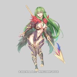 1girls absurdres alternate_costume alternate_version_available bare_thighs boots breasts center_opening cleavage cleavage_cutout cleru_(cleruuuuu) clothing_cutout cowboy_shot crown english_commentary feather_trim female female_only fire_emblem fire_emblem_echoes:_shadows_of_valentia green_eyes green_hair groin harrier_(fire_emblem) highres holding holding_polearm holding_weapon large_breasts long_hair long_sleeves looking_at_viewer navel nintendo no_panties palla_(fire_emblem) polearm red_legwear red_nails revealing_clothes simple_background smile solo thigh_boots thighhighs thighs toned very_long_hair weapon white_background