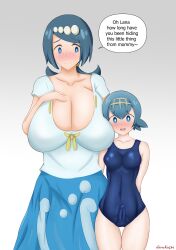 1futa 1girls alternate_breast_size big_breasts bigger_female blue_eyes blue_hair blush breasts cleavage clothed clothing daruko536 daughter dialogue dress duo erection erection_under_clothes female fully_clothed futanari hair_ornament huge_breasts human lana's_mother_(pokemon) lana_(pokemon) light-skinned_female light-skinned_futanari light_skin long_hair milf mob_face mother mother_and_daughter nervous nervous_smile penis pokemon pokemon_sm school_swimsuit shirt short_hair size_difference small_penis small_waist smaller_female smaller_futanari speech_bubble standing swimsuit swimwear text thick_thighs wide_hips