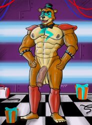 2021 absurd anthro background balls black blue bow bracelet bubble cheek claws clothing dialogue digital english facial finger five_nights_at_freddy's genitals glamrock_freddy_(fnaf) hands hat headgear headwear humanoid jewelry jirux_(artist) looking_at_viewer male male_only mouth muscular nose nude open pecs penis portrait scottgames security simple solo speech text tie tongue tuft url vein veiny