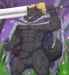 2022 abs anthro armpit_hair balls big_balls big_penis black_sclera blaidd_(elden_ring) blush body_hair canid canine canis claws cloak clothing elden_ring erection facial_scar fangs finger_claws fromsoftware fur furry furry_only genitals greatsword grey_body grey_fur hi_res holding_object holding_sword holding_weapon humanoid_genitalia humanoid_penis looking_at_viewer male male_only mammal melee_weapon muscular muscular_anthro muscular_male navel nickgray nipples pecs penis purple_eyes scar scars_all_over solo sword tongue tongue_out video_games weapon wolf