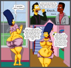 1girls 2boys anal ass_cleavage belly belly_inflation big_ass big_belly big_breasts butt_crack buttplug bynshy carl_carlson chubby chubby_female dark-skinned_male enema female lenny_leonard male marge_simpson sex_toy the_simpsons