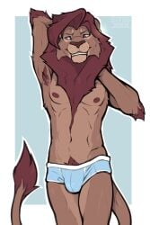 1boy anthro armpit_hair body_hair clothed clothing clyde_wolf digital_media_(artwork) ear_piercing ear_ring felid fur hair hi_res lion male male_only mammal mane nipples pantherine piercing pubes simple_background smile solo underwear