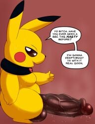 1boy anthro balls big_balls big_penis bodily_fluids brown_eyes collar dialogue dipstick_ears english_dialogue english_text erection genital_fluids genitals gesture hi_res huge_cock looking_at_viewer male male_focus male_only modca multicolored_ears nintendo nude open_mouth penis pikachu pokémon pokémon_(species) pokemon precum question_mark small_but_hung solo solo_male speech_bubble sweat sweaty_balls sweaty_genitalia sweaty_penis text thumbs_up vein veiny_penis video_games yellow_body