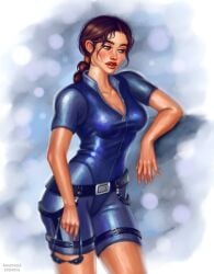 1girls anastasia_ershova breasts cleavage clothed female front_zipper lara_croft lara_croft_(classic) large_breasts lips partially_unzipped single_braid solo tomb_raider wetsuit zipper