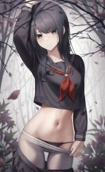 black_hair black_panties black_shirt black_skirt branch eyebrows_visible_through_hair female female_only flower_background idolmaster kazano_hiori long_hair looking_at_viewer marinesnow navel one_hand_up petals school_uniform seifuku skirt_down solo solo_female stomach the_idolm@ster:_shiny_colors the_idolm@ster_shiny_colors white_stockings white_thighhighs