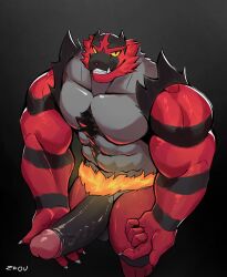 1boy 1male 2022 abs absurd_res anthro balls bara barazoku biceps big_muscles big_penis black_background claws erection fire fur gay genitals gesture hi_res huge_cock huge_muscles humanoid_genitalia humanoid_penis incineroar looking_at_viewer male male_only muscular muscular_anthro muscular_male nintendo nude pecs penis pointing pointing_at_penis pokémon_(species) pokemon presenting presenting_penis signature simple_background smile solo standing teeth thick_penis tuft vein video_games zfou