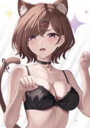 1girls black_bra bra breasts brown_hair brown_tail cat_ears cat_pose cat_tail choker choker_bell cleavage close-up eyebrows_visible_through_hair female_only hair_ornament hairclip half_body higuchi_madoka idolmaster idolmaster_shiny_colors light_background marinesnow open_mouth shiny_background short_hair solo solo_female tail teeth teeth_visible the_idolm@ster the_idolm@ster_shiny_colors