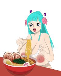 big_breasts blue_hair eating female female_only food kozuki_hiyori kozuki_toki large_breasts nipples one_piece shab-eru