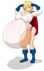 ahoge arms_up belly biceps blonde_hair blue_eyes boots breasts dc_comics female flexing gigantic_belly gloves high_resolution huge_breasts impossible_clothes justice_society_of_america karen_starr lips mr-jolted pose power_girl pregnant short_hair skin_tight smile solo superman_(series)