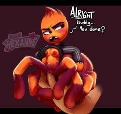 1girls blush breasts clitoris dreamworks fingering hexanne minigirl ms._tarantula_(the_bad_guys) pussy spider stomach_bulge the_bad_guys