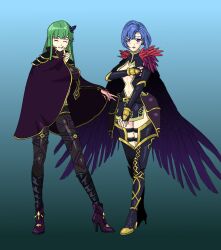 2girls alternate_costume alternate_version_available cape catria_(fire_emblem) embarrassed enchantress female female_only fire_emblem fire_emblem_echoes:_shadows_of_valentia harrier_(fire_emblem) heels isobe_winding more_at_source multiple_girls nintendo palla_(fire_emblem) revealing_clothes sisters