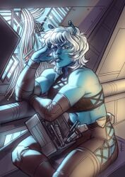 2021 alien alien_girl andorian_(species) antennae_(anatomy) bare_shoulders blue_skin female humanoid kaed_(mel_uran) looking_at_viewer mel_uran midriff original_character solo star_trek white_hair