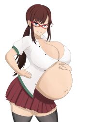 belly big_belly big_breasts breasts brown_hair cleavage female glasses hand_on_belly large_breasts pregnant school_uniform schoolgirl shab-eru