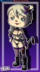 2022 animal_crossing animal_crossing_girl bedroom_eyes boots clothing digital_media_(artwork) dominatrix flower green_eyes human jackintaro nintendo open_mouth piercing piercings simple_background stockings villager_(animal_crossing) whip white_hair