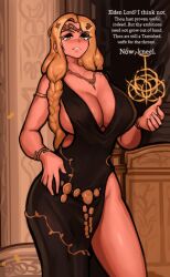 1girls alternate_version_available big_breasts black_dress blonde_hair braid breasts cleavage clothing cropped crown curvaceous curvy dialogue dolecat dress edit elden_ring english_text female female_focus female_only fromsoftware goddess hand_on_hip jewelry long_hair looking_down mature_female milf queen_marika_the_eternal revealing_clothes royalty scantily_clad thick_thighs thighs voluptuous yellow_eyes