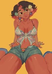 1girls artist_name big_breasts character_name cleavage copyright_name curly_hair dark-skinned_female disney earrings encanto female female_only glasses latina mirabel_madrigal nail_polish navel painted_nails short_hair thick_thighs thong wolongcanghu