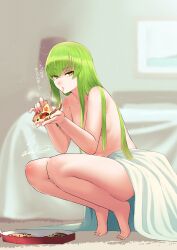 bed bedroom blanket c.c. code_geass female green_hair highres lazy nude pizza sawasa squatting tagme yellow_eyes