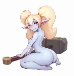 1girls arched_back ass big_ass big_breasts big_ears blonde_hair blue_skin breasts cute_fang female female_focus female_only hammer kneeling league_of_legends looking_at_viewer looking_back naked nipples pointy_ears poppy purple_eyes riot_games seductive seductive_look shortstack simple_background solo solo_female solo_focus thick_thighs twintails weapon yordle yorzis