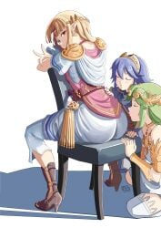 3girls a_link_between_worlds ass ass_in_dress ass_worship automatic_giraffe big_ass blonde_hair blue_hair chair crossover dress female female_only fire_emblem fire_emblem_awakening gladiator_sandals green_hair high_heels highres kid_icarus kid_icarus_uprising looking_at_viewer lucina_(fire_emblem) multiple_girls nintendo o3o palutena princess_zelda sandals simple_background sitting super_smash_bros. the_legend_of_zelda tiara v yuri zelda_(a_link_between_worlds)